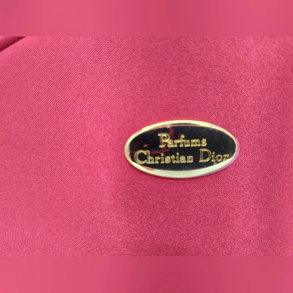 Early 1990s Vintage DIOR Parfum Red Satin Vanity Gold Plaque Vanity Makeup Bag